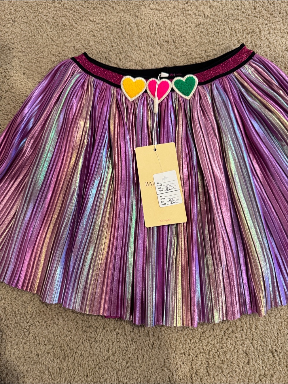 Girls Metallic Lavender Pleated Skater Skirt with Heart Detail
